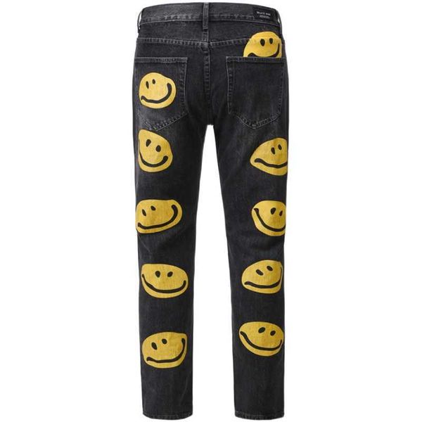 

men's jeans american style high street leak knee hole jeans men slim fit small feet popular smiling face printing national hip hop pant, Blue