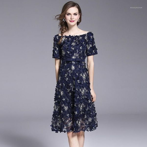 

casual dresses blue slash collar butterfly embroidered runway a-line dress women short sleeve high waist summer office work party dress, Black;gray