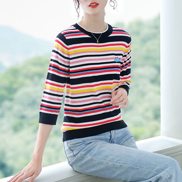 

striped 3 4 sleeve knitted sweater crew neck pullover knitwear pullover blouse new autumn fashion trend for women in 2020 9mhs4, White;black