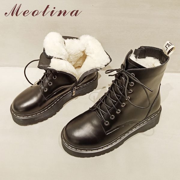 

meotina real leather platform mid heels ankle boots motorcycle boots women shoes thick heels zip lace up real wool short boots lj201030, Black