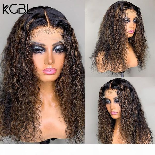 

kgbl highlight t-part curly lace front human hair wig 180% density with baby hair brazilian 8''-24'' non-remy wigs mediu, Black;brown
