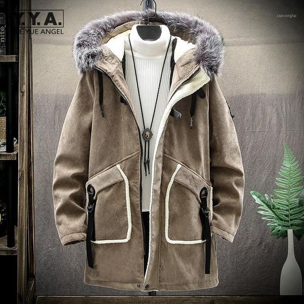 

winter thicken cargo coats mens suede hooded trench high street warm fleece liner casual windbreakers mid length male overcoat1, Tan;black