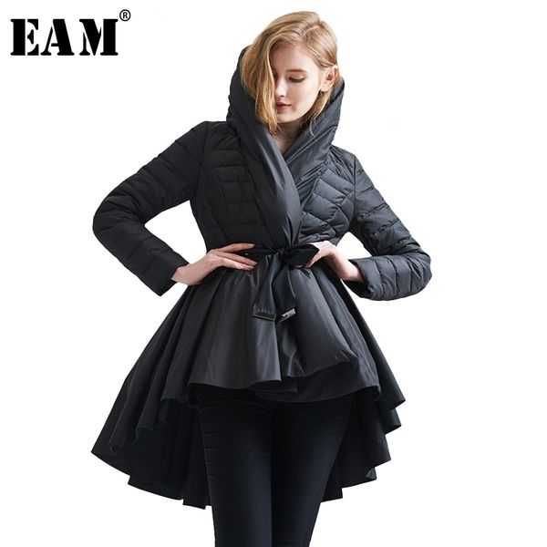 

[eam] temperament winter fashion loose coat tide new pattern dovetail hem parkas jackets women solid color coat ya108 201125, Black