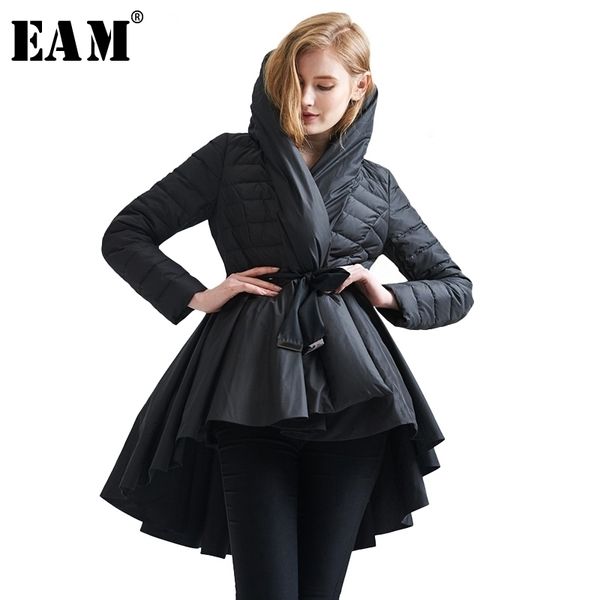 [EAM] Temperamento Inverno Moda Loose Coat Maré New Padrão Dovetail Hem Parkas Casacos Mulheres Sólida Cor Casaco YA108 201125