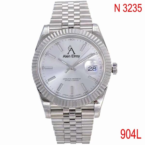 

904l luxury silver date-just- mechanical watch men sapphire glass white dial watch e t a n3235, Slivery;brown