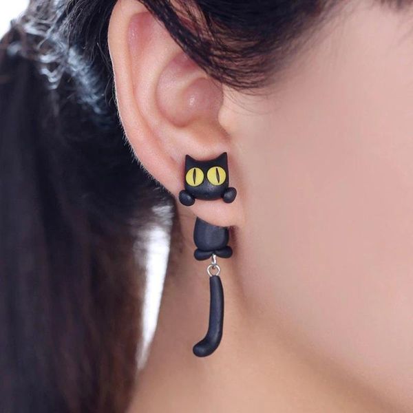 

stud unique yellow-eye cat earrings cartoon long tail splits type cute women k2, Golden;silver