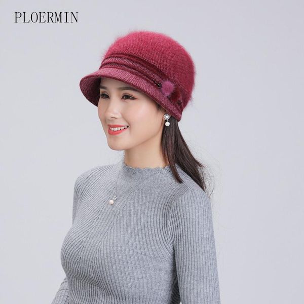 

beanie/skull caps women fur thick velvet knitted hats mother skullies beanies winter warm for female elegant flower basin cap, Blue;gray