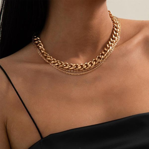 

chokers lacteo exaggerated double buckle metal chain choker necklace jewelry for women hip hop multilayer aluminum charm, Golden;silver