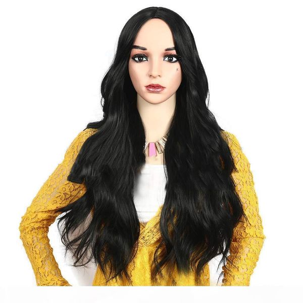 

long natural wavy black #1b hair 24 inch glueless synthetic lace front wigs for women heat resistant natural looking full lace wig