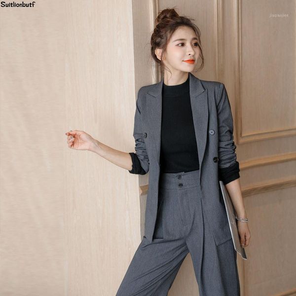

2020 autumn winter gray 2 piece outfits set women notched double breasted long blazer empire wide leg pants handsome suits femme1, White