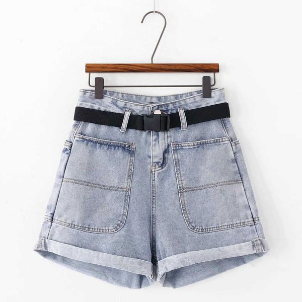 

women's fashion 2020 summer new large pocket light denim shorts (belt, Blue