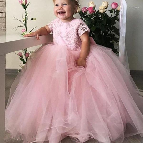 

pink baby flower girl pageant dresses wedding first holy communion dresses jewel neckline short sleeves lace kids party gown1, Red;yellow