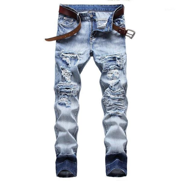 

plus size 42 40 38 2020 fashion personalized youth ripped jeans casual full length moustache effect straight classic men denim1, Blue