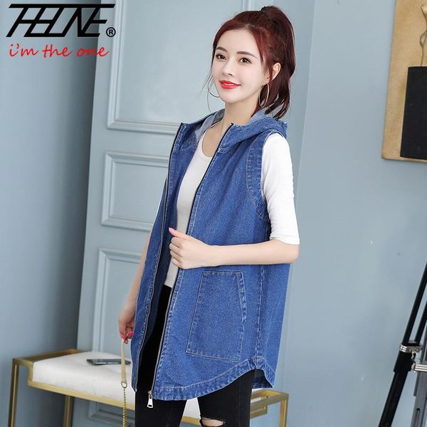 

thhone women's vest plus size denim waistcoat jeans sleeveless jackets hooded denim jacket casual chalecos para chaleco mujer, Black;white