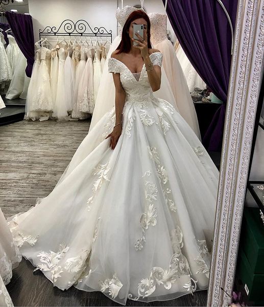 

off shoulder lace ball gown wedding dresses with appliques court train lace up back tulle plus size bridal gowns, White