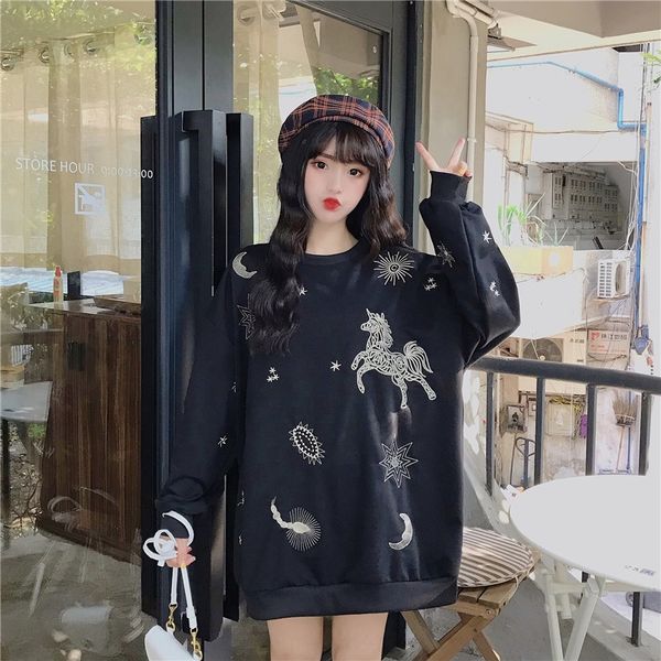 

4cn0c 2019 осень и зима новый корейский вышивка свободные модули персонализированный стиль средней длины верхней интернет-знаменитости рукав, Black