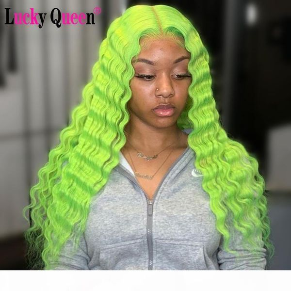 

green color deep wave wigs 13x4 lace front human hair wigs for black women lucky queen brazilian remy hair, Black;brown