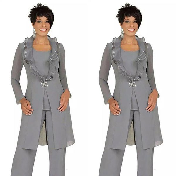 Tre pezzi in chiffon grigio per la madre della sposa, tailleur pantalone con giacca lunga, su misura, per le donne, abiti da cerimonia, abiti da sera, abiti da sposo, mamma, 2022