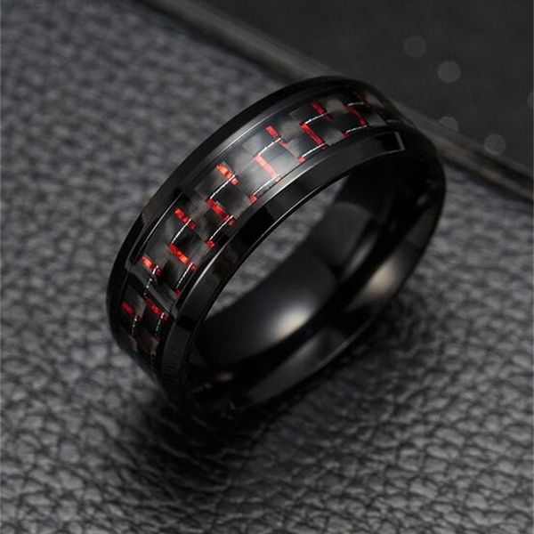 

rings steel black carbon fiber 2019 fashion titanium red blue ring anel masculino mens cool jewelry, Silver
