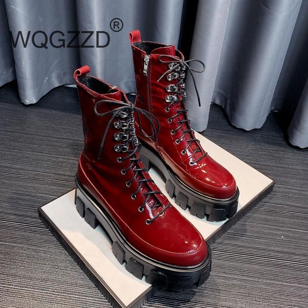 

winter shoes women's motorcycle boots genuine leather thick bottom metal rivets mid-calf boots zapaptos mujer, Black