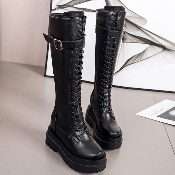 

2020 new fashion buckle lace up platform boots women autumn winter ladies chunky shoes pu leather knee high long botas1, Black