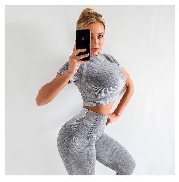 

yoga outfits knitted seamless tracksuit women clothing set workout short sleeve crop high waist leggings fitness gym sport suit1, White;red