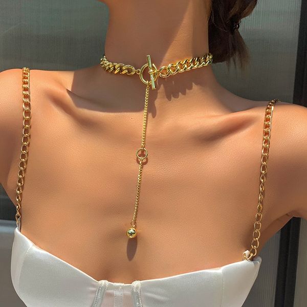 

trend hip hop gold plated thick chain necklaces metal ball long chain pendant clavicle choker necklace for men women girl party jewelry gift, Silver