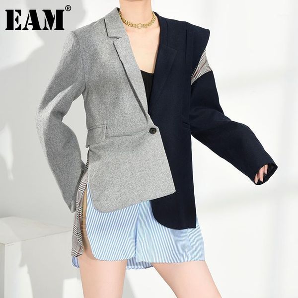 

eam] women striped plaid irregular blazer new lapel long sleeve loose fit jacket fashion tide spring autumn 2020 1n90102s1, White;black