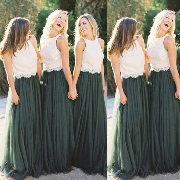 2021 Vintage Hunter Green Zweiteilige Brautjungfernkleider für Hochzeiten Gastkleid Tüll Weiße Spitze Plus Size Lange formelle Trauzeugin-Kleider