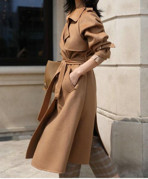 

2020 new epaulettes hepburn trench coat in long wool coats ripples double-sided cashmere coat1, Black