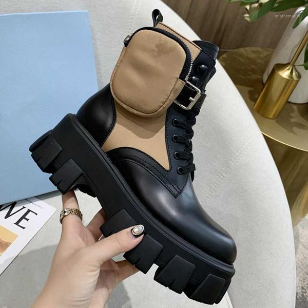 

high platform leather patchwork women ankle boots fashion design bag decor tank sole boots1, Black