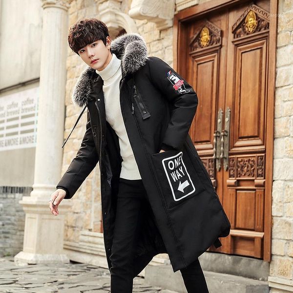 

new camouflage down jacket men's long section slim korean fur collar thick warm print jacket personality tide 0711, Black