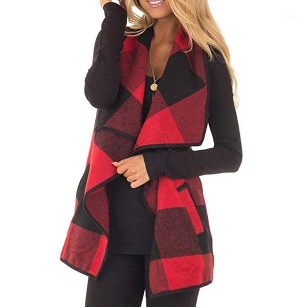 

women vest plaid sleeveless lapel open front cardigan sherpa jacket pockets chalecos para mujer 20193 colors plus size 5xl1, Black;white