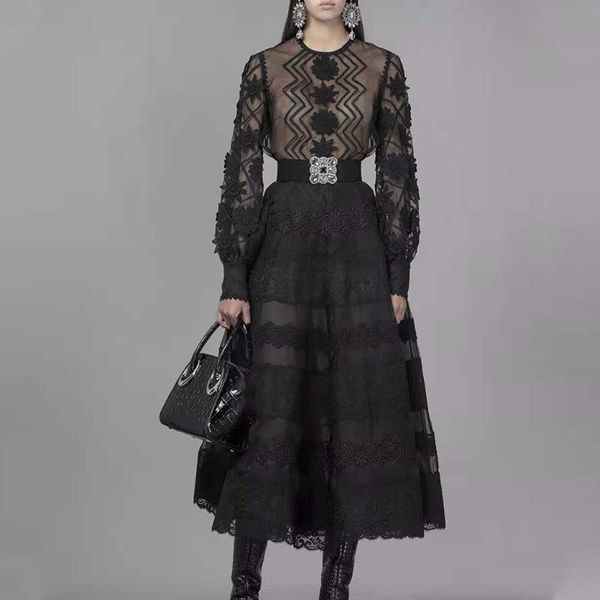 

msxu 2021 spring new women's fashion ladies round neck lantern sleeves lace long women's dress, Black;gray