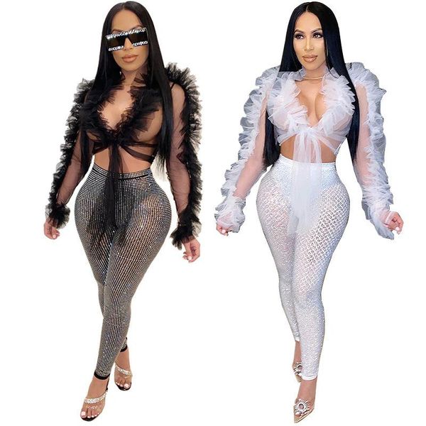 

t shirt not pants women t shirt see through mesh ruffles long sleeves short deep v neck lace up front tees, White