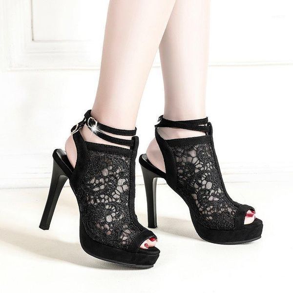 

women sandals shoes mesh flock buckle strap solid 11cm thin high heels 5mm latex pad peep toe lady club female pumps shoes1, Black