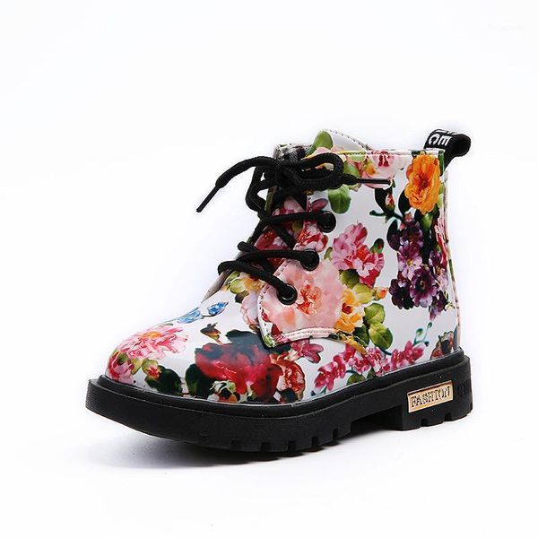 

boots print flowers children pu leather girls non-slip kids shoes snow 1, Black;grey