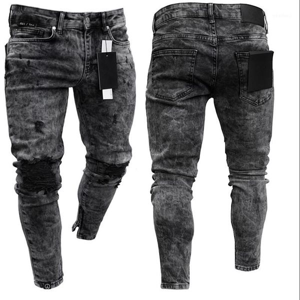 

men's jeans biker men's distressed stretch ripped men hip hop slim fit holes punk denim cotton pants zipper1, Blue