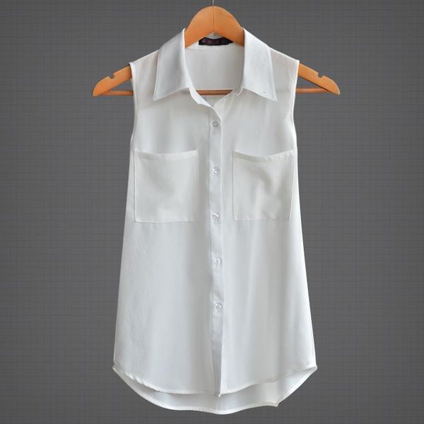 

2020 loose slim turn-down collar sleeveless ol chiffon shirts white femme summer omen blouses