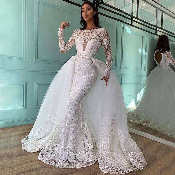 

graceful beaded mermaid lace wedding dresses with detachable train bateau neck long sleeves backless bridal gowns sequined robe de mariÃ©e, White