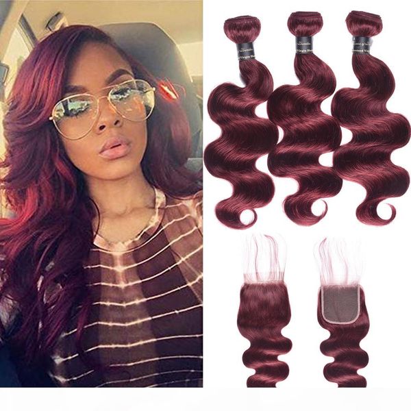 

pre-colored brazilian virgin hair 99j# human hair 3 bundles with lace closure 27# blonde body wave hair weaves with 4x4 lace closure, Black;brown