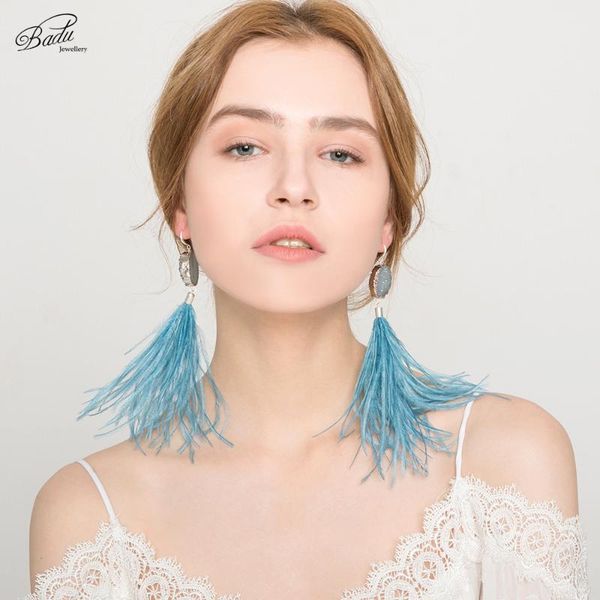 

dangle & chandelier badu long ostrich feather earring women fashion jewelry freshwater pearl bohemian vintage drop earrings, Silver