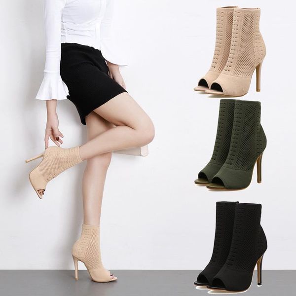 

fashion new knitted fishmouth high-heeled shoes hollow spring and autumn women's shoes elastic socks, boots, wool and bare boots1, Black
