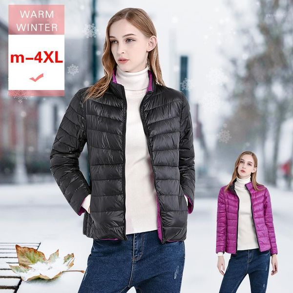 

autumn winter women white duck down reversible jacket female ultra light both sides jacket short warm casual coat stand collar1, Black