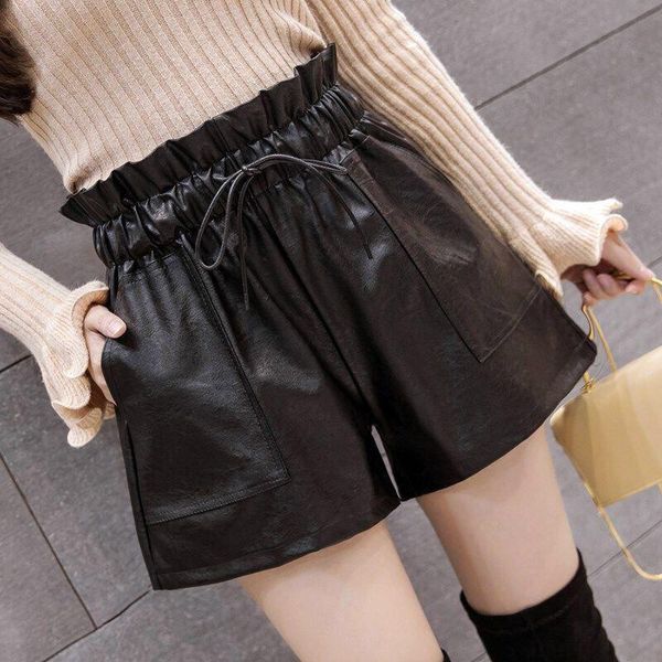 

new pu women's leather shorts autumn winter large casual korean elastic high waist wide leg shorts loose skinny leather shorts, White;black