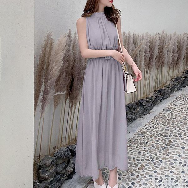 

korean chiffon long dress women summer office ladies elegant sleeveless work ol clothes belted high waist maxi dresses, Black;gray