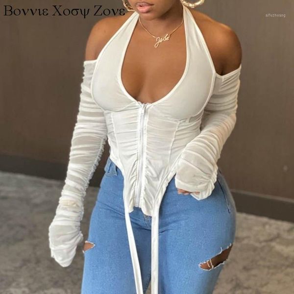 

women sheer mesh long sleeve cold shoulder off shoulder v neck shirt blouse1, White