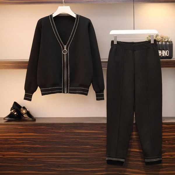 

2020 new summer fashion casual patchwork v neck solid long sleeve zipper large size knitted slim two-piece suit women sd793, Gray