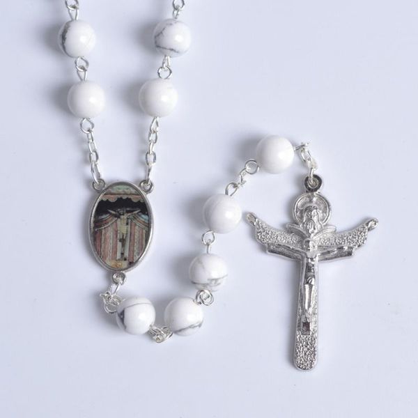 

trendy religious white stone beads our lady of perpetual help rosary necklace special rosary centerpiece, Silver