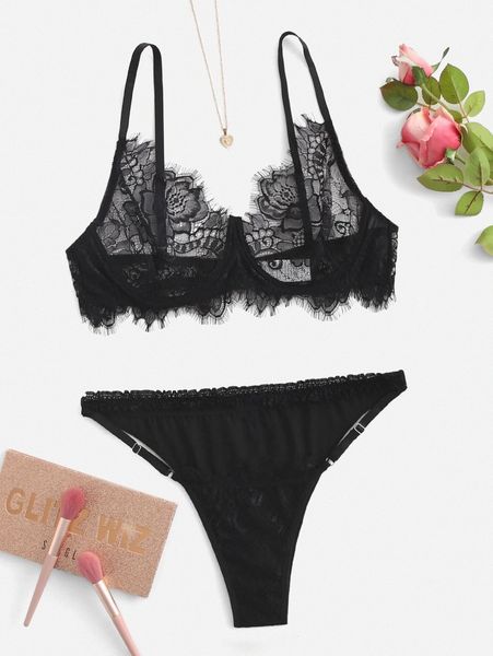 

plus floral lace underwire lingerie set t0ey#, Black;white